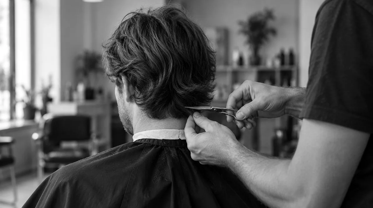 Mains d'un barbier mesurant une mèche de nuque sur des cheveux châtains ondulés