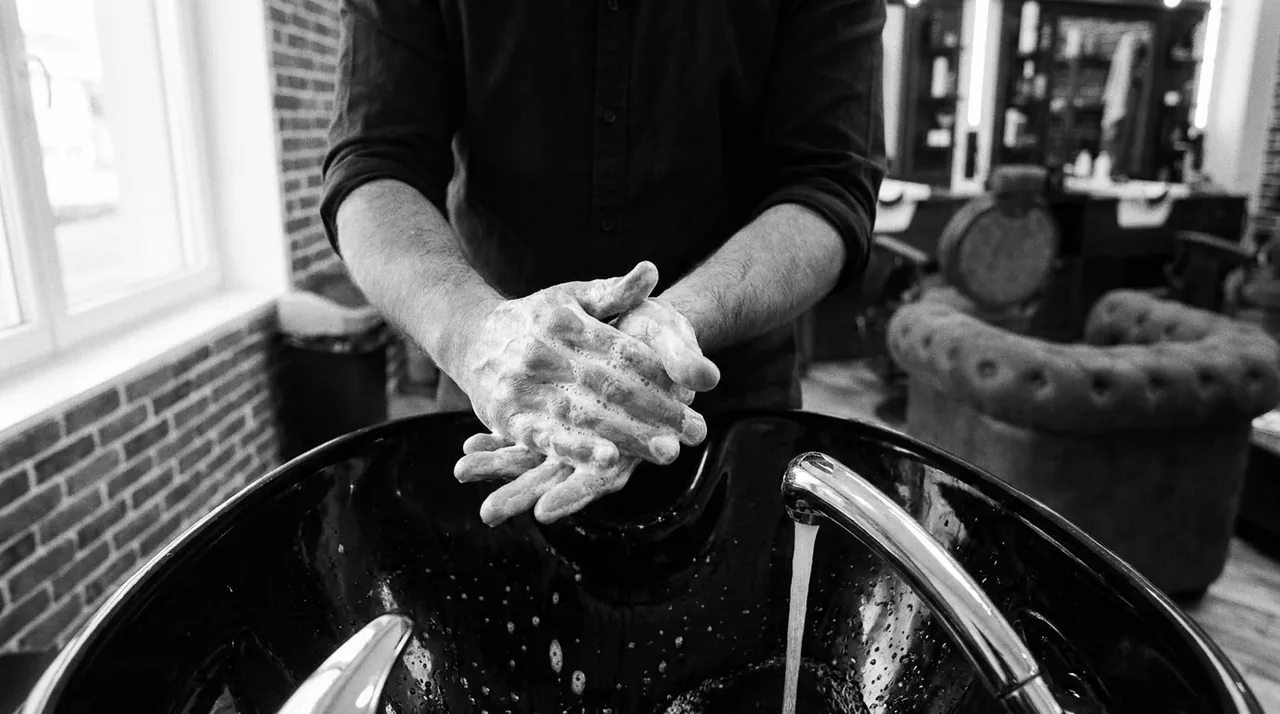 Mains d'un barbier faisant mousser un shampoing au-dessus d'un bac de lavage vide