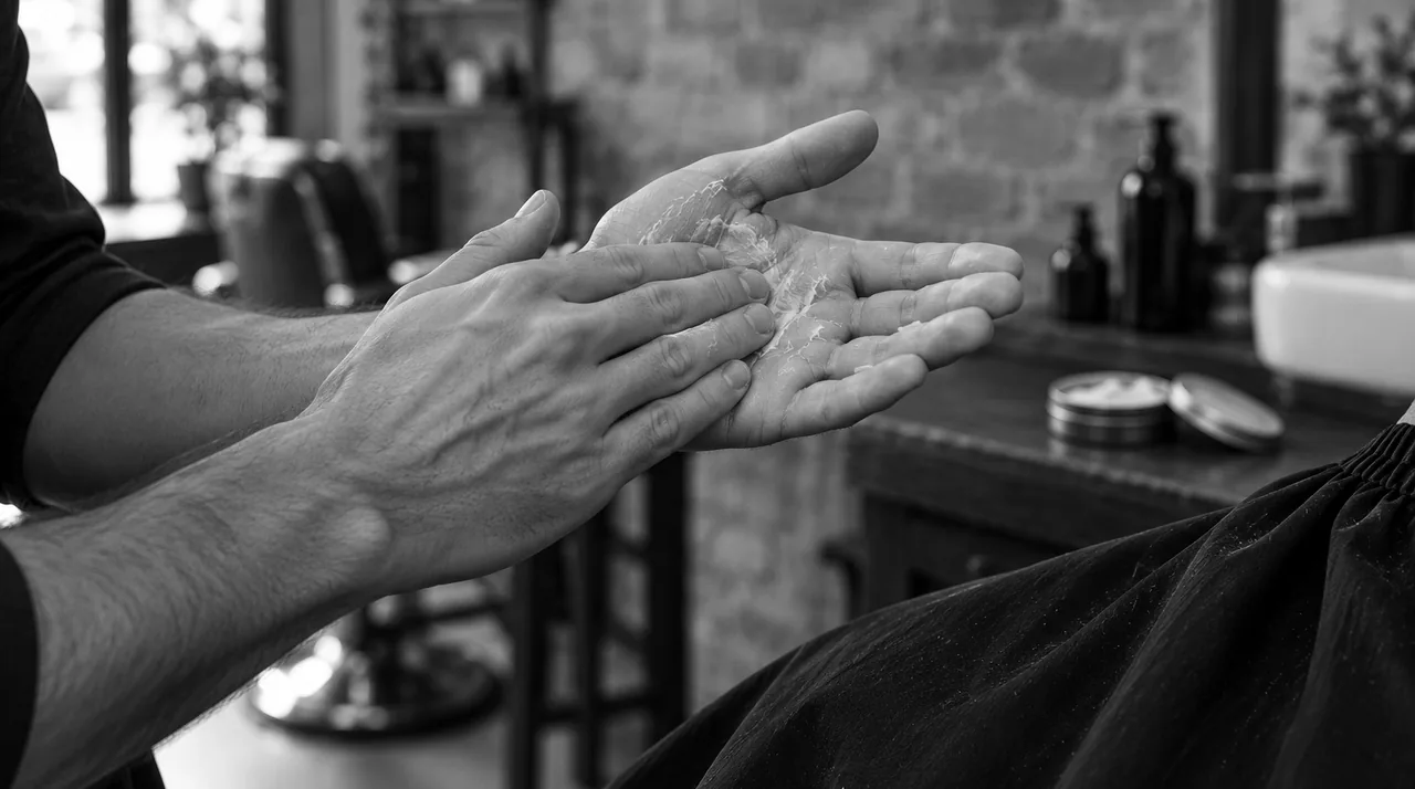Deux mains frottant une noisette de pâte coiffante au-dessus d'une cape noire