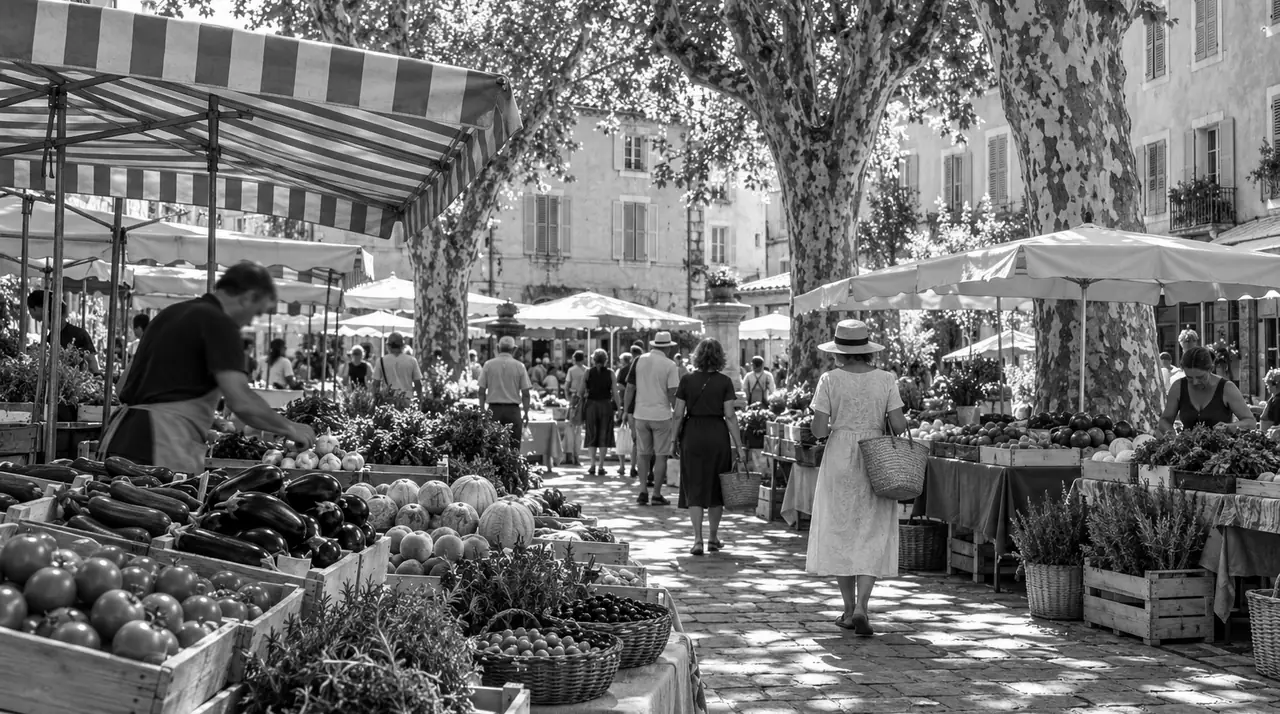 Marché provençal un matin, sous les platanes : étals de légumes et de fruits sous des auvents rayés, des promeneurs de dos avec leur panier