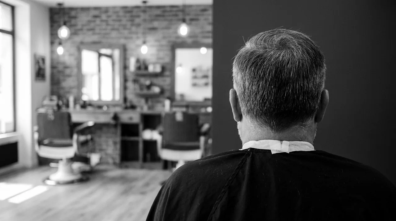 Homme vu de dos au fauteuil, coupe mi-courte poivre et sel, oreilles dégagées, nuque effilée
