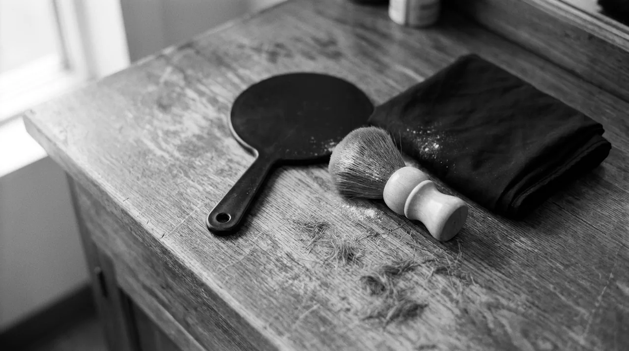 Miroir à main retourné sur un comptoir en bois, près d'une brosse à cou