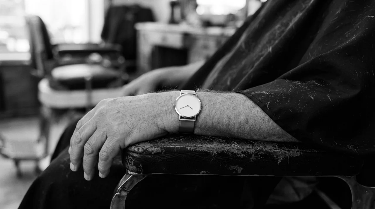Avant-bras d'un client posé sur l'accoudoir d'un fauteuil de barbier, une montre au poignet, la cape noire sur l'épaule