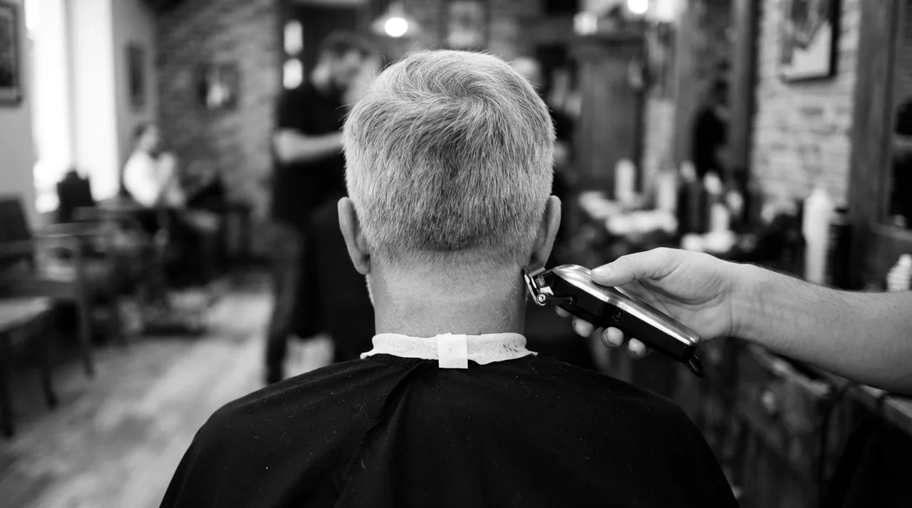 Homme aux cheveux gris vu de dos, au fauteuil, pendant que le barbier passe la tondeuse sur sa nuque
