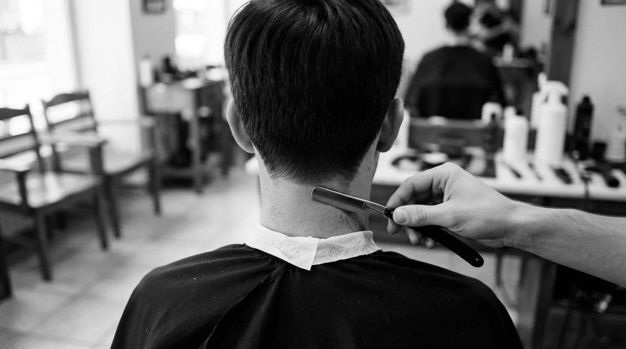 Nuque d'un jeune homme vue de dos, le contour du cou tracé au rasoir manuel