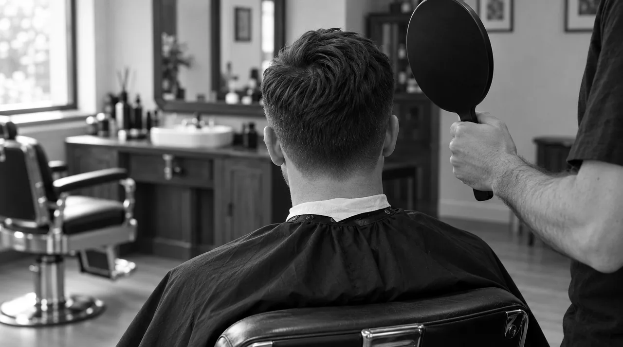 Client vu de dos au fauteuil, coupe courte terminée, le barbier lui montre sa nuque dans un miroir à main