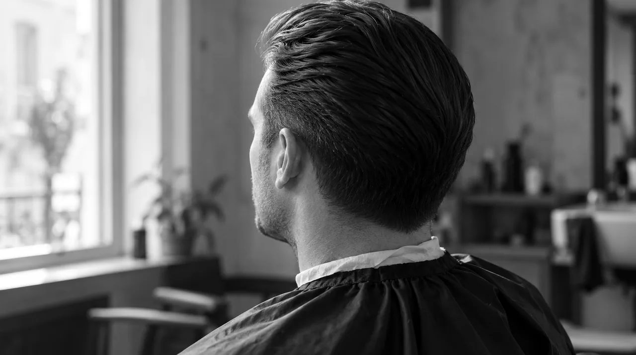 Homme brun vu de trois-quarts dos au fauteuil : tout le dessus peigné vers la nuque, sans raie, côtés courts mais couverts