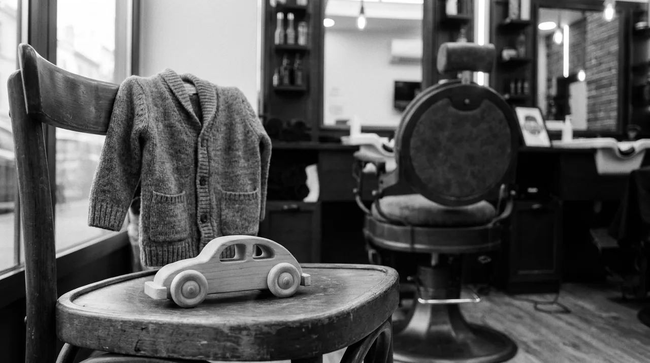 Petite voiture en bois et gilet d'enfant plié sur une chaise, dans un salon vide