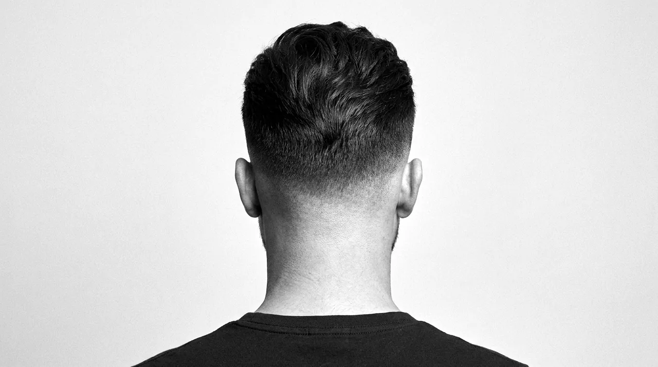 Photo nette d'une coupe homme vue de dos : nuque dégradée, ligne de nuque droite, dessus texturé