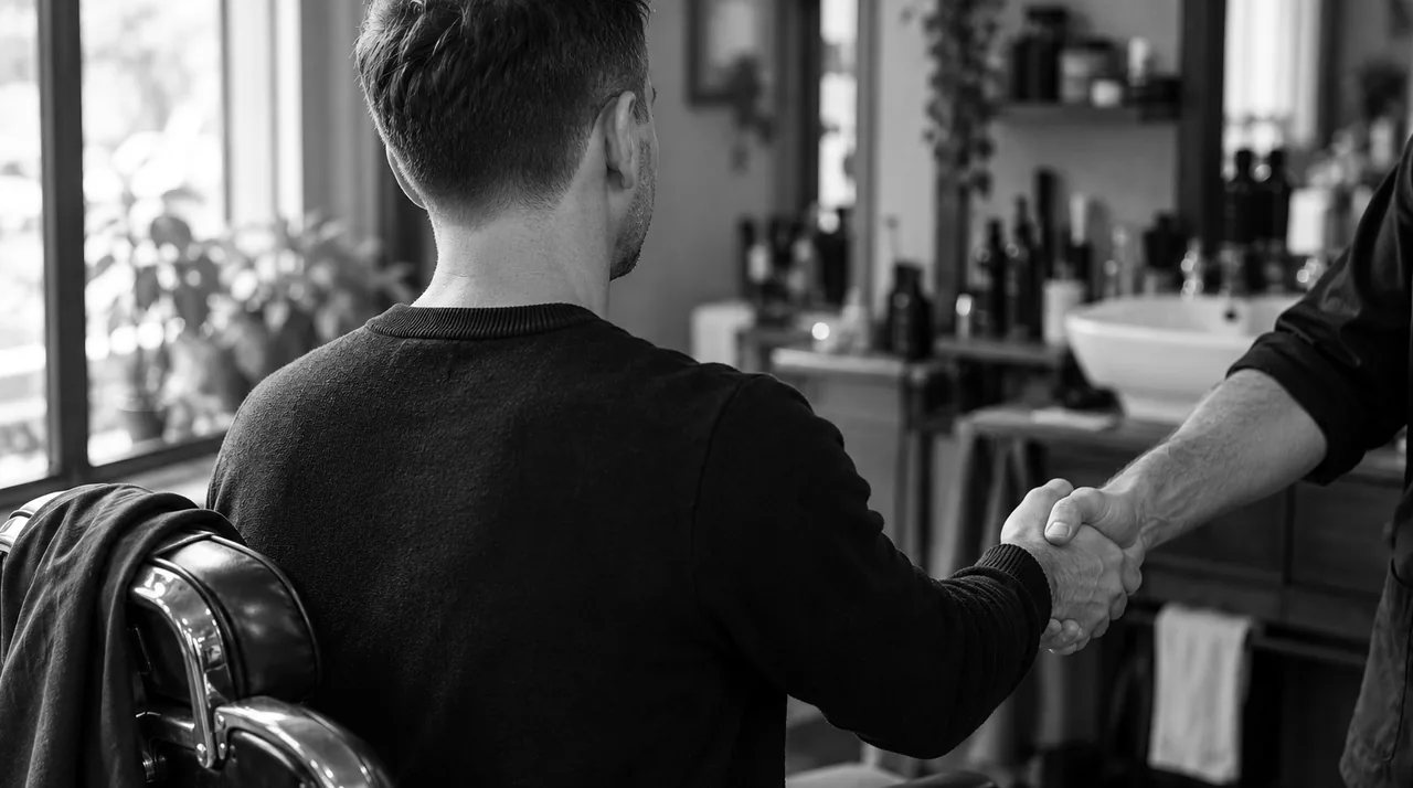 Vu par-dessus l'épaule du client, de dos, une poignée de main entre le client et le barbier à la fin de la coupe ; la nuque du client est nette
