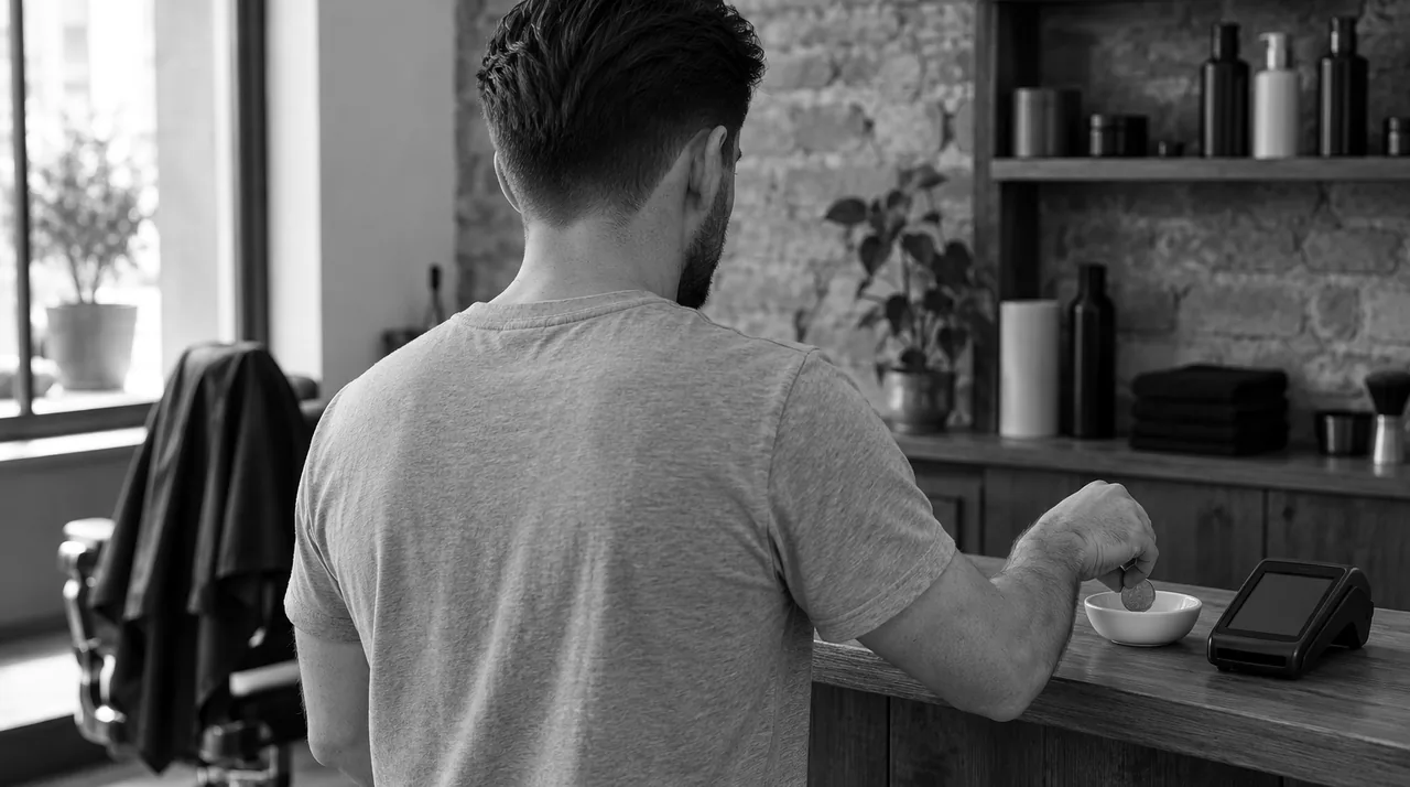 Man with a fresh short haircut, seen from behind at a barbershop counter, dropping a coin into a small dish