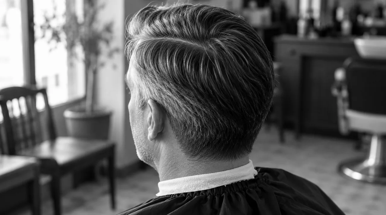 Homme aux cheveux poivre et sel vu de trois-quarts dos : raie nette sur le côté gauche, dessus peigné vers la droite, nuque coupée aux ciseaux