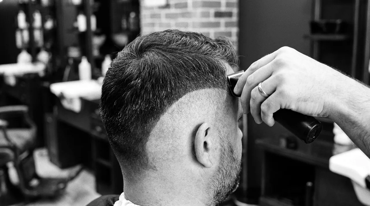 Main de barbier traçant un trait au rasoir électrique sur le côté d'un dégradé