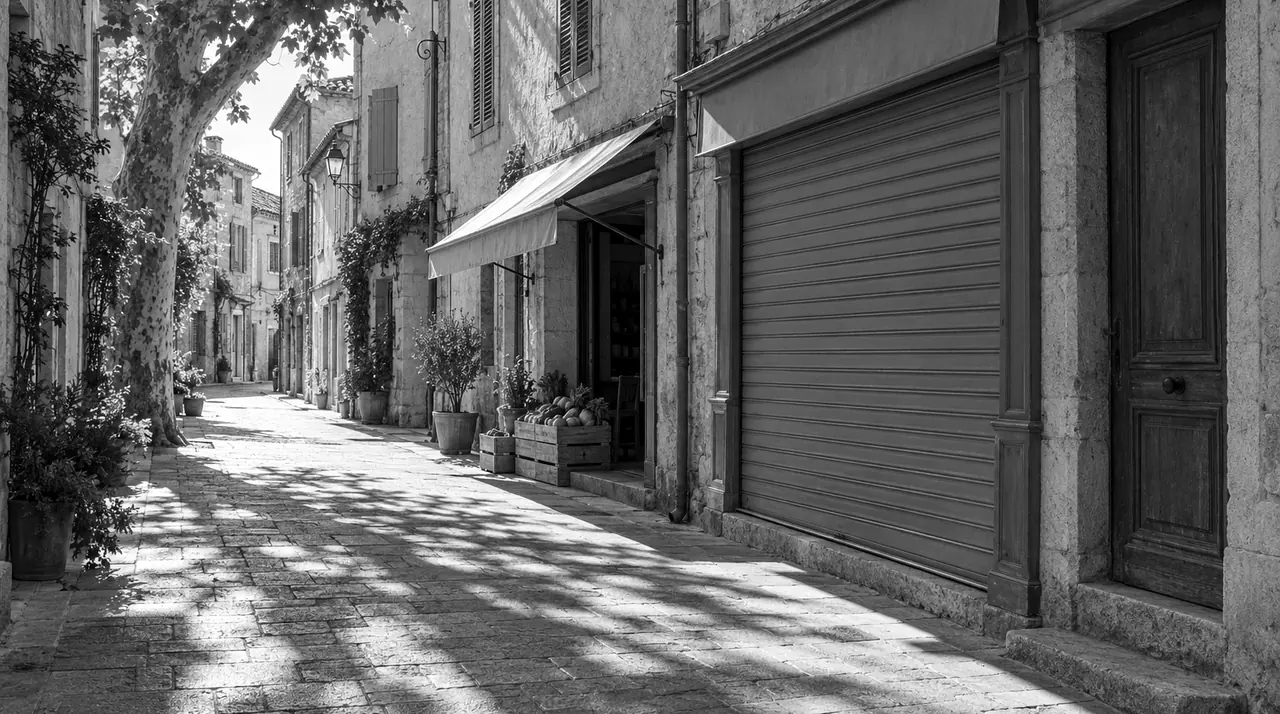 Rideau métallique baissé sur une petite boutique d'une ruelle provençale, un matin de semaine