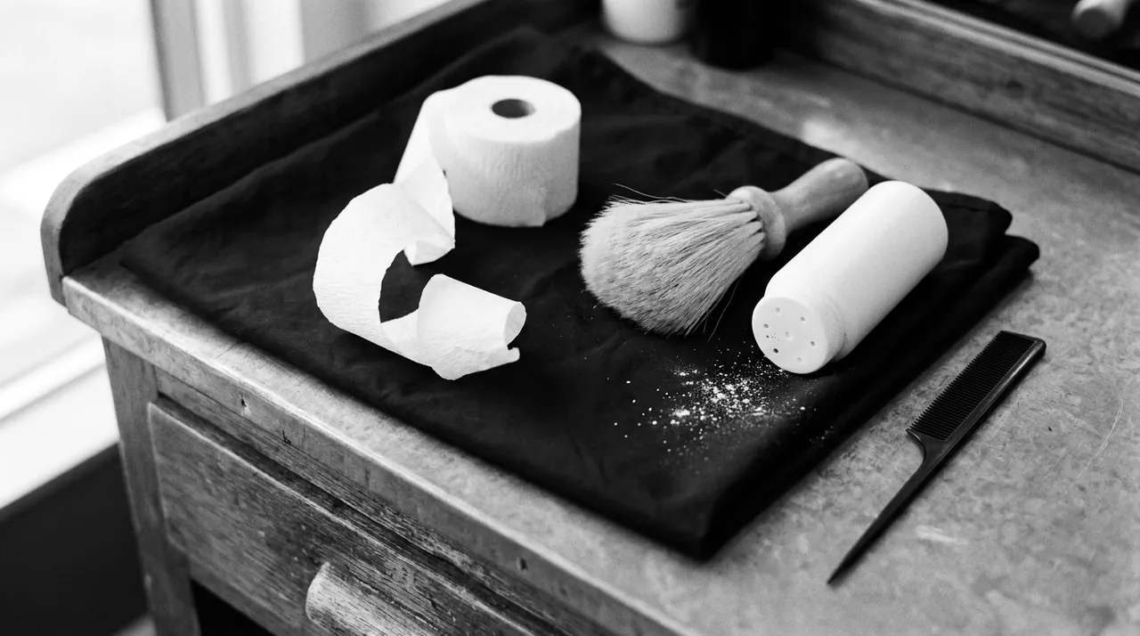 Rouleau de col papier, brosse à cou, poudreur et peigne effilé sur une cape noire