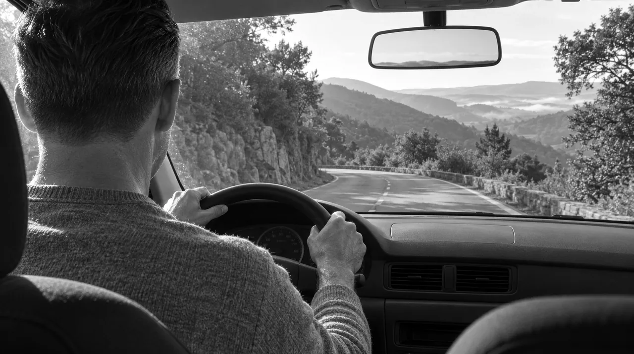 Vue depuis la banquette arrière : les mains d'un conducteur sur le volant, une route qui descend en lacets entre des collines boisées