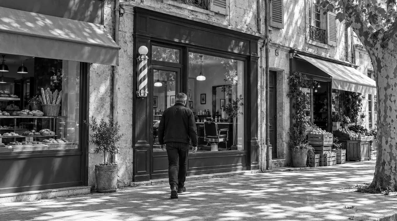 Rue commerçante d'une petite ville du sud sous les platanes, avec une enseigne tournante de barbier devant une vitrine