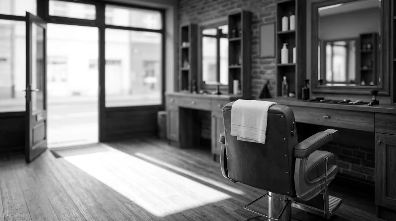 Salon de barbier vide à l'ouverture, un fauteuil en cuir face à la porte ouverte