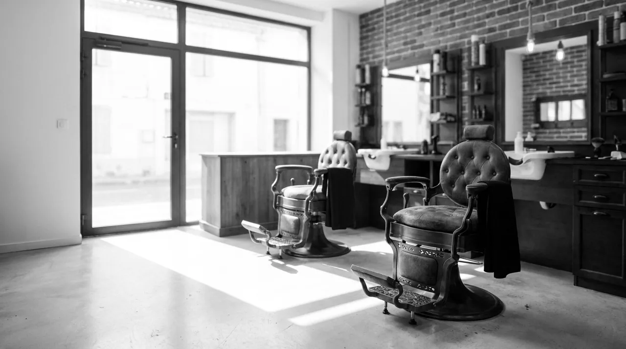 Empty barbershop in bright daylight, two vintage leather chairs facing the shop window