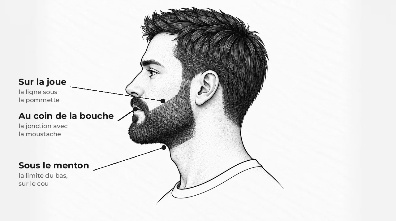 Schéma d'une tête d'homme barbu vue de côté, avec trois repères : la ligne de la joue sous la pommette, le coin de la bouche, la ligne du bas de la barbe sur le cou