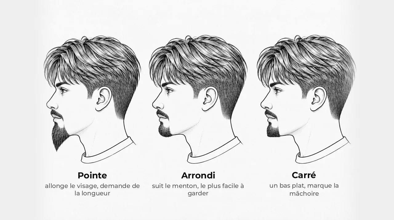 Schéma de trois têtes d'homme vues de profil, joues rasées : bouc en pointe qui descend sous le menton, bouc arrondi qui suit le menton, bouc carré au bas plat