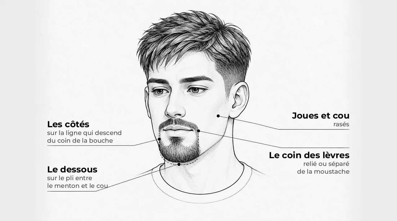 Schéma d'un visage d'homme presque de face avec un bouc : deux lignes pointillées descendent des coins de la bouche, une autre suit le pli sous le menton