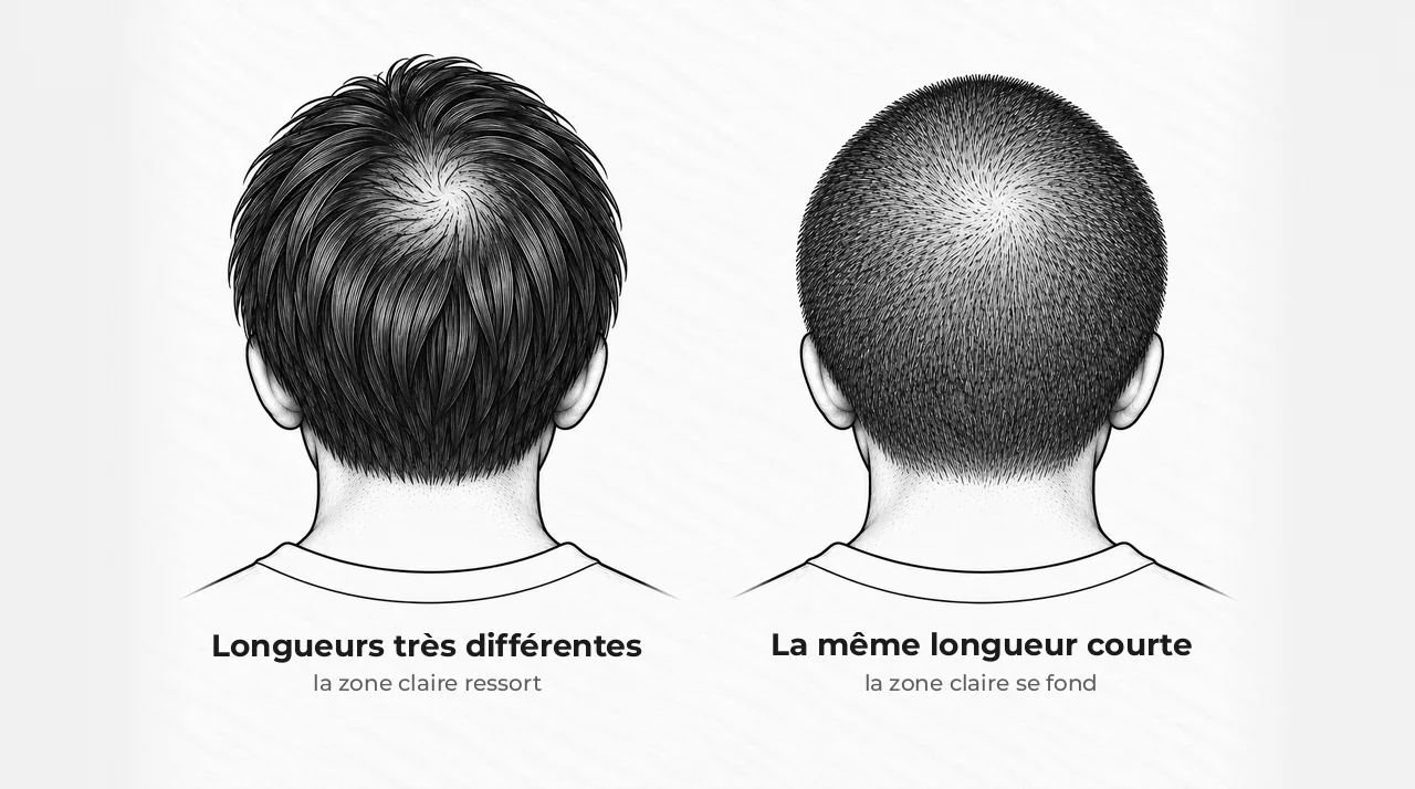 Schéma de deux têtes d'homme vues de dos et d'en haut, avec le même sommet clairsemé : à gauche, côtés épais et dessus long, la zone claire ressort ; à droite, la même longueur courte partout, la zone claire se fond