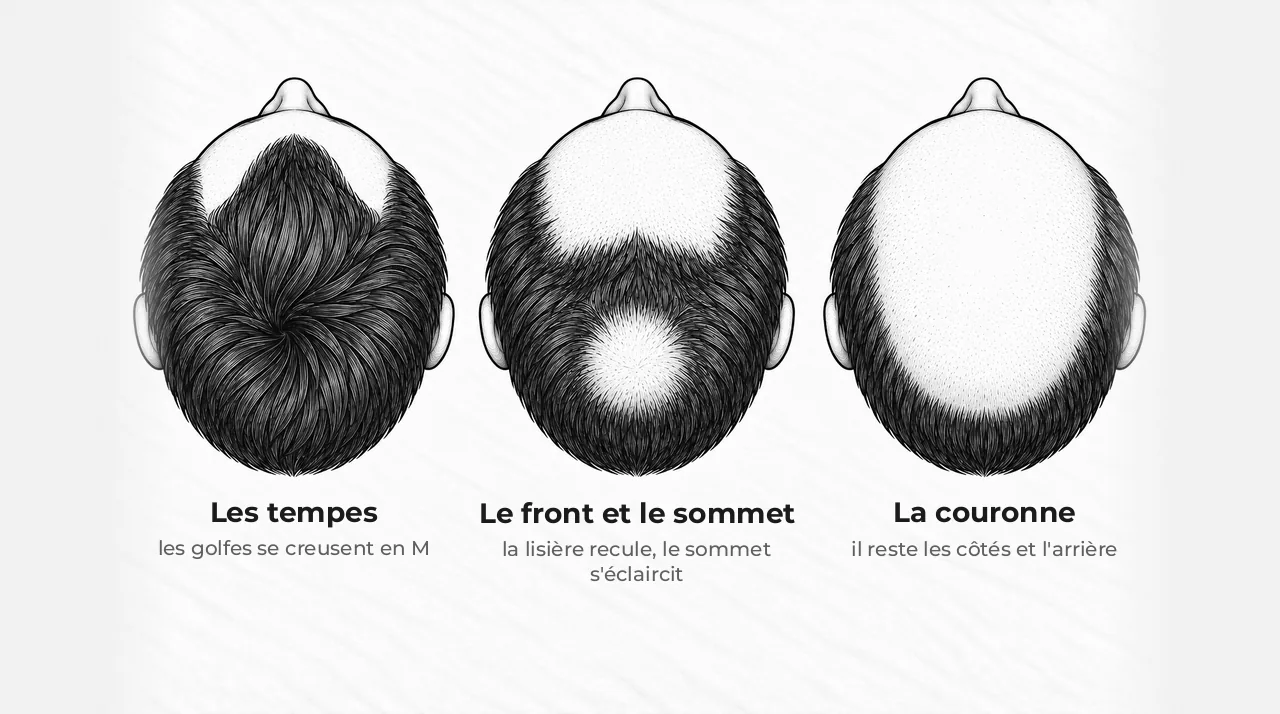 Schéma de trois têtes d'homme vues du dessus, le nez en haut : les tempes creusées en M ; puis le front reculé et le sommet clairsemé ; puis une seule couronne de cheveux autour du crâne