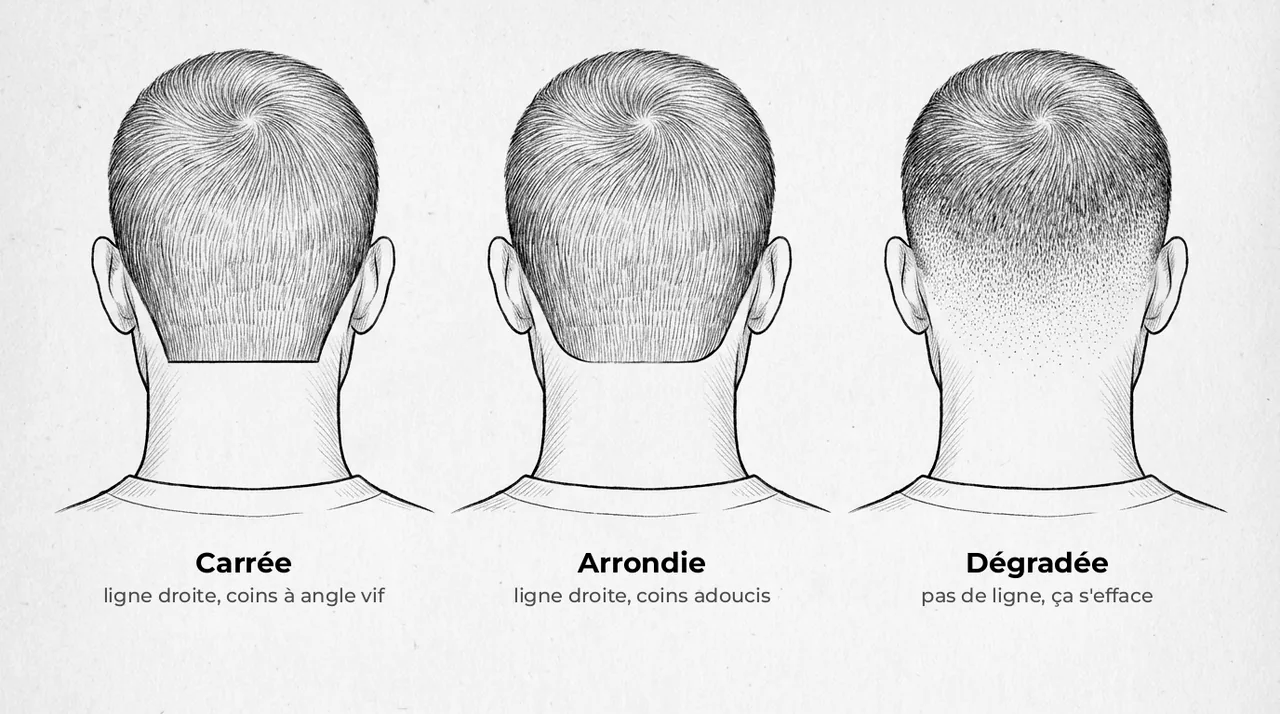 Schéma de trois têtes vues de dos : nuque carrée, nuque arrondie, nuque dégradée