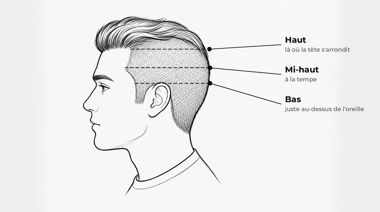 Schéma d'une tête d'homme vue de côté avec trois lignes en pointillé : juste au-dessus de l'oreille, à la tempe, et là où le côté de la tête s'arrondit vers le dessus