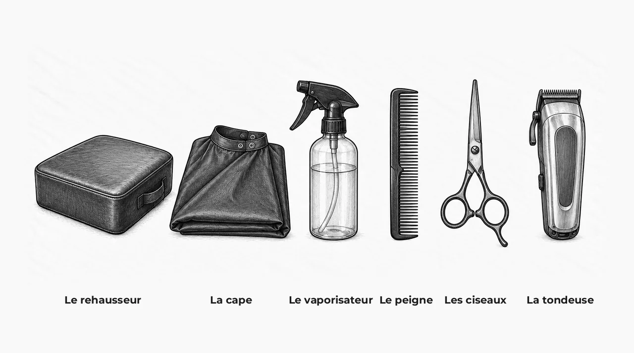 Dessin des outils d'une coupe d'enfant posés côte à côte : un rehausseur, une cape, un vaporisateur d'eau, un peigne, des ciseaux et une tondeuse