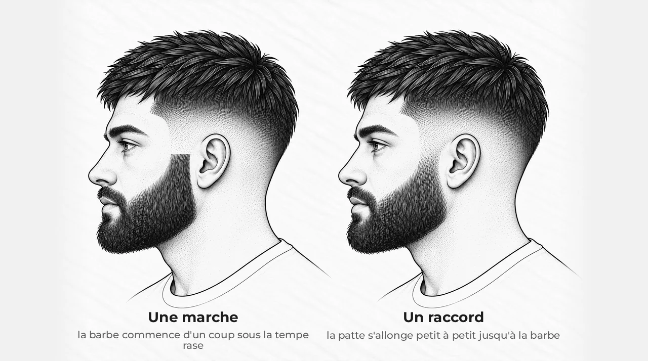 Schéma de deux têtes d'homme de profil avec la même coupe dégradée et la même barbe : à gauche, la barbe commence d'un coup sous la tempe rase et forme une marche ; à droite, la patte s'allonge progressivement de la tempe jusqu'à la barbe