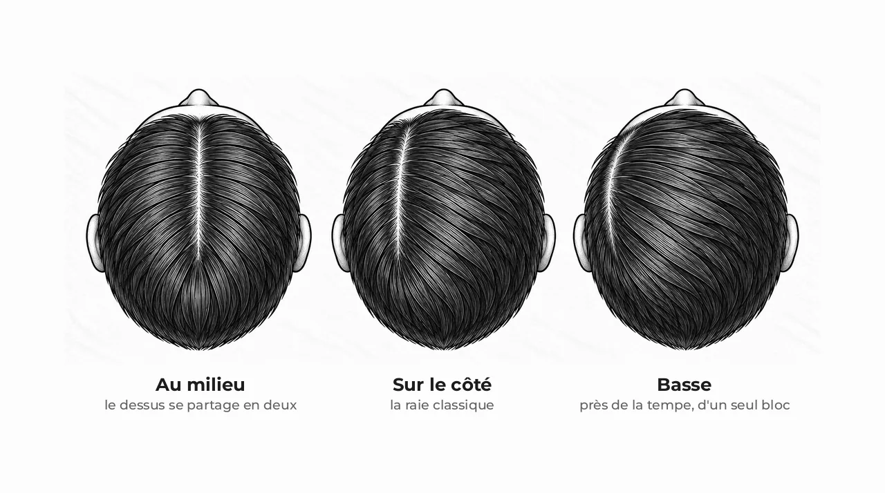 Schéma de trois têtes d'homme vues d'en haut : raie au milieu, raie sur le côté, raie basse vers la tempe