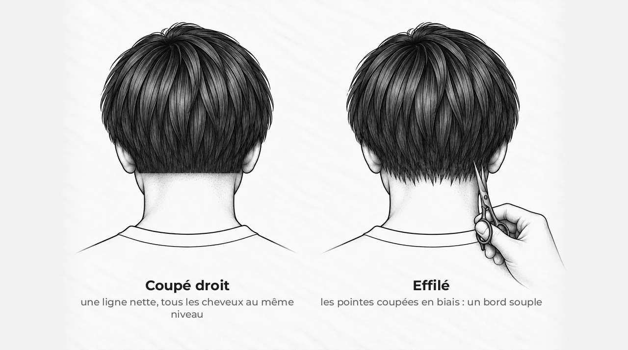 Schéma de deux nuques de garçon vues de dos : à gauche un bord coupé droit, en ligne nette ; à droite des pointes effilées, en petites pointes souples