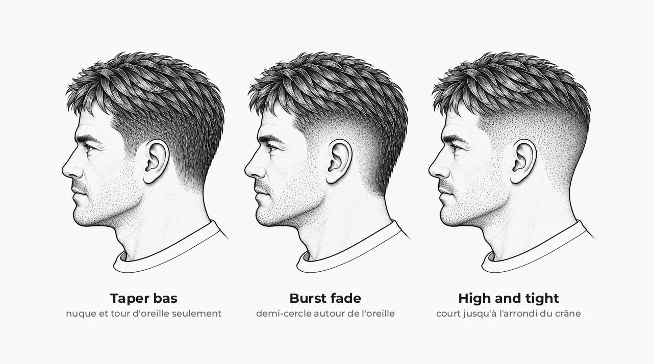 Schéma de trois têtes de profil : taper bas limité au bas de la nuque et au tour de l'oreille, burst fade en demi-cercle autour de l'oreille avec la nuque plus longue, high and tight court jusqu'à l'arrondi du crâne