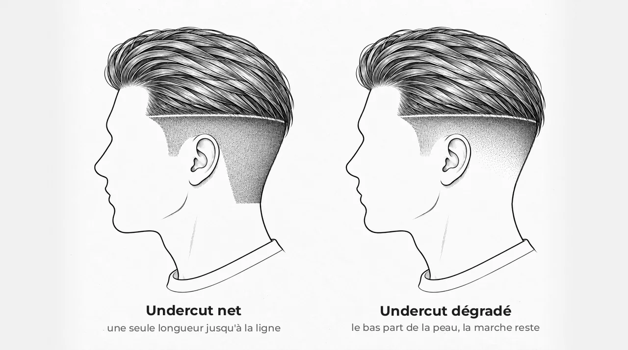 Schéma de deux têtes vues de côté : undercut net, côtés à une seule longueur ; undercut dégradé, nuque qui part de la peau, marche conservée