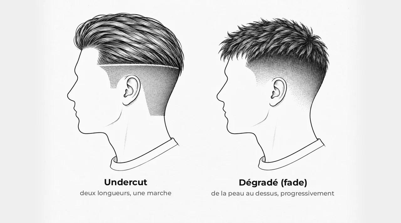 Schéma de deux têtes vues de côté : undercut avec une marche nette au-dessus de l'oreille ; dégradé qui monte progressivement depuis la peau, sans marche
