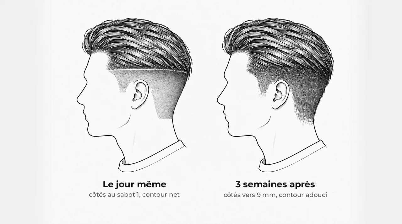 Schéma de deux têtes vues de côté : côtés tondus le jour même, très courts et nets ; les mêmes côtés trois semaines plus tard, plus longs, contour adouci