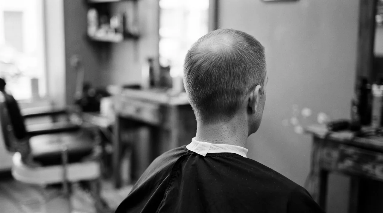Homme vu de dos dans un fauteuil de barbier, cheveux courts et réguliers ; au sommet du crâne, une zone plus claire