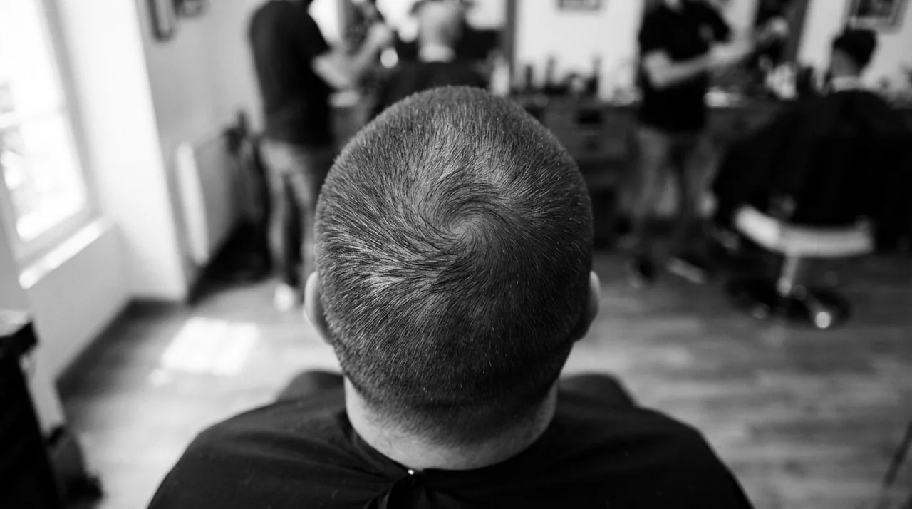 Sommet du crâne vu de dos et d'en haut, cheveux courts tondus qui tournent en spirale autour de l'épi