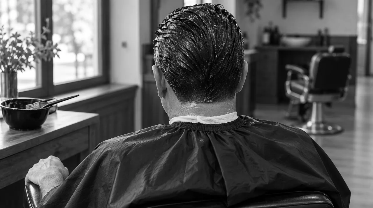 Homme assis au fauteuil, vu de dos, la couleur posée sur les cheveux, qui attend la fin du temps de pose sous sa cape