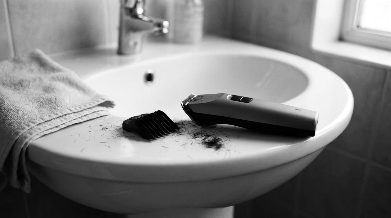 Tondeuse domestique posée au bord d'un lavabo, cheveux courts coupés sur la céramique
