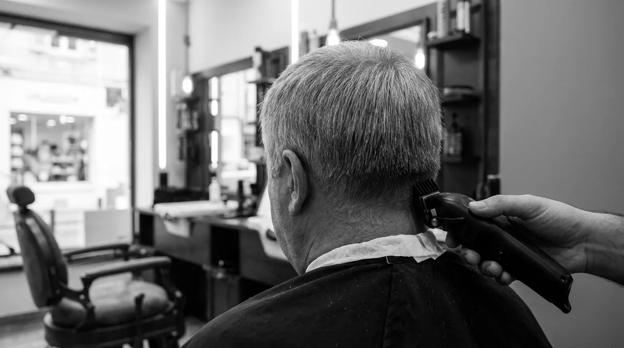 Homme aux cheveux gris vu de dos, une tondeuse sans marque remontant sur sa nuque