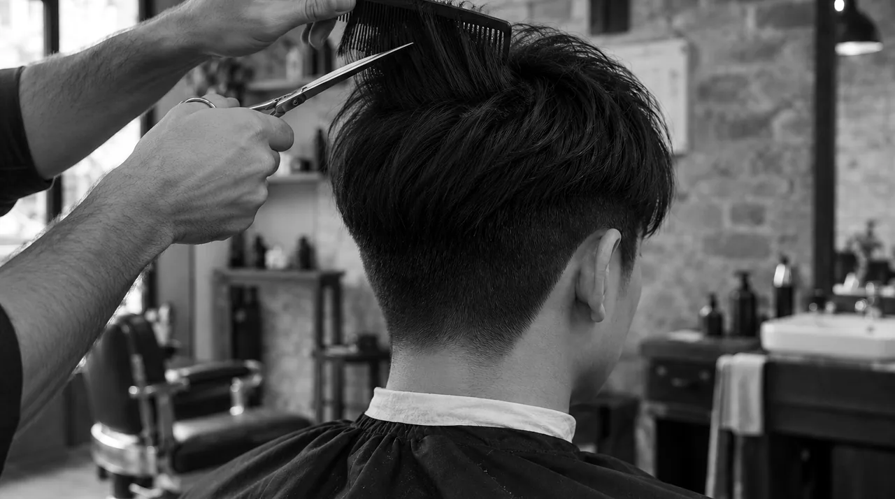Two-block vu de trois-quarts dos, dessus relevé au peigne : la marche nette entre côtés tondus et dessus long
