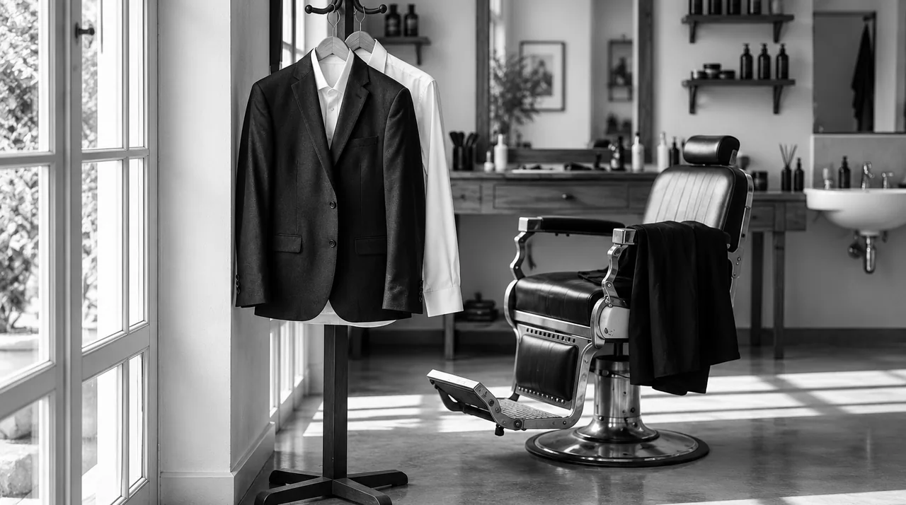 Veste de costume sombre et chemise blanche sur un portant, à côté d'un fauteuil de barbier vide où une cape noire est posée