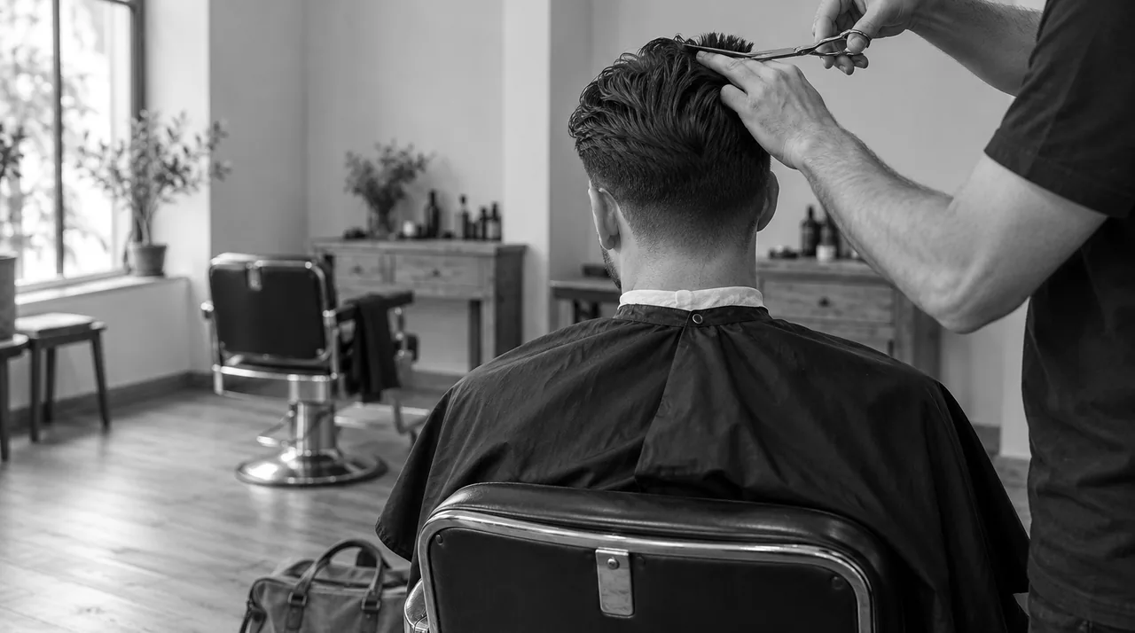 Client vu de dos au fauteuil du barbier, un sac de voyage posé à ses pieds, pendant la coupe aux ciseaux